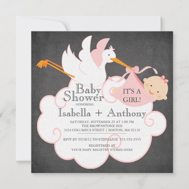 Cute Stork Chalkboard Gir lBaby Shower Invitation (Front)