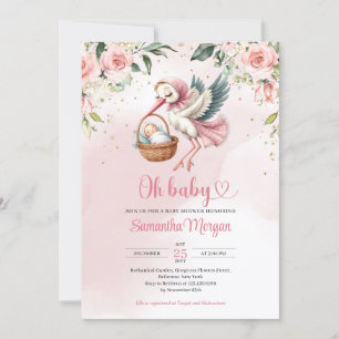 Cute stork delivering a baby girl floral invitation