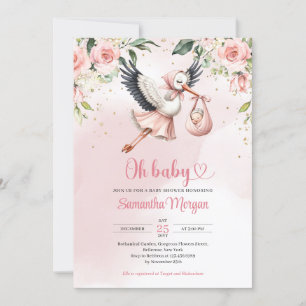 Cute stork delivering a baby girl floral invitation