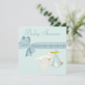 Cute Stork Delivering Baby Boy Blue Baby Shower Invitation (Standing Front)