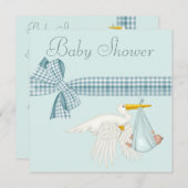 Cute Stork Delivering Baby Boy Blue Baby Shower Invitation (Front/Back)