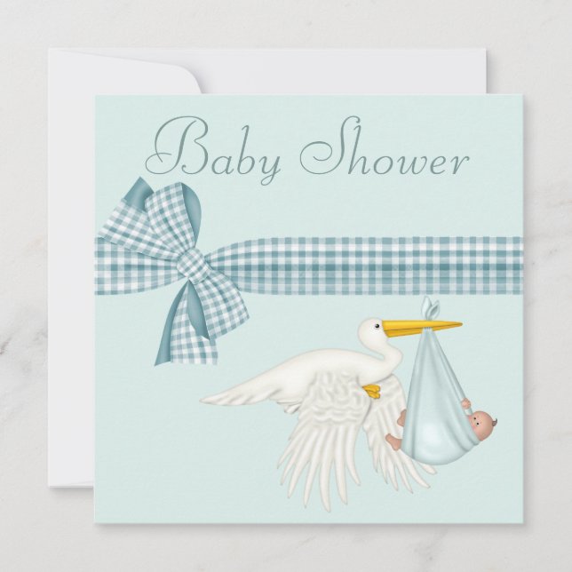 Cute Stork Delivering Baby Boy Blue Baby Shower Invitation (Front)