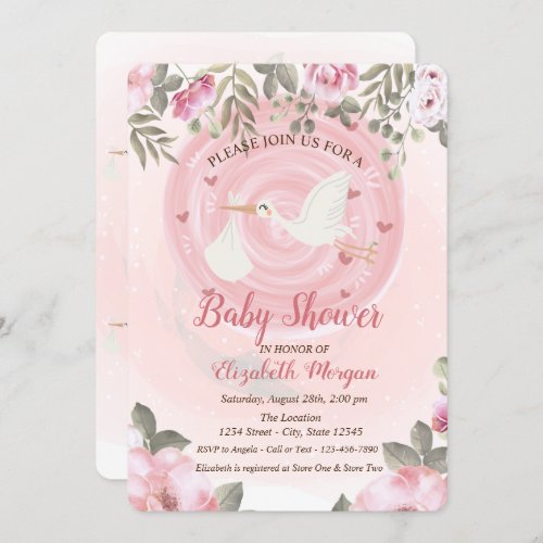 Cute Stork Floral Baby Shower Invitation