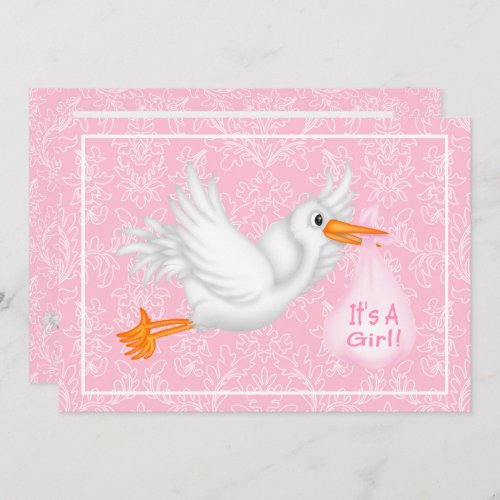Cute Stork Its a Girl Pink Baby Shower Invitation
