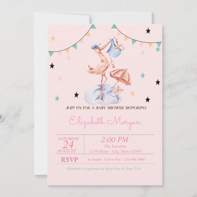 Cute Stork Little Bunny Baby Shower  Invitation (Front)