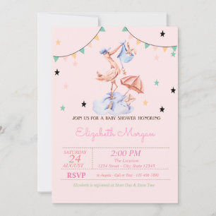 Cute Stork Little Bunny Baby Shower Invitation