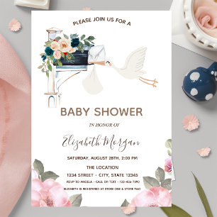Cute Stork Mailbox Flowers Baby Shower Invitation
