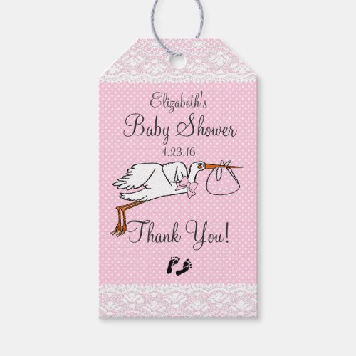 Cute Stork Pink Baby Shower Guest Favor Gift Tags