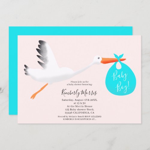 Cute stork pink bag illustration baby boy shower invitation