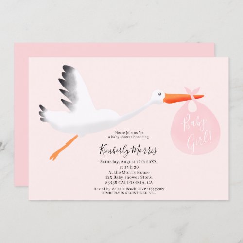 Cute stork pink bag illustration baby girl shower invitation