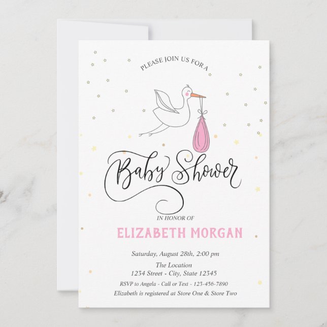 Cute Stork Stars Baby Shower   Invitation (Front)