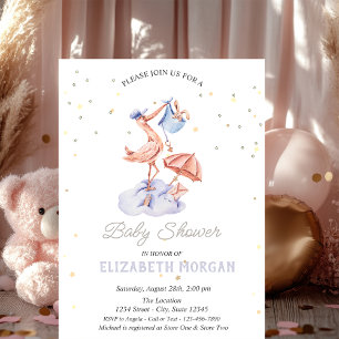 Cute Stork Stars Baby Shower Invitation