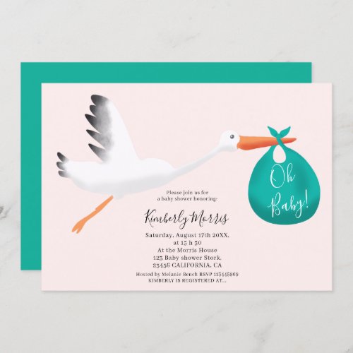 Cute stork teal bag illustration baby shower invitation