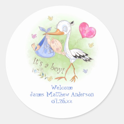 Cute Stork with Baby Boy Pink Hearts Baby Shower Classic Round Sticker