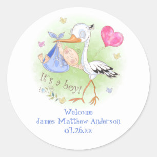 Cute Stork with Baby Boy Pink Hearts Baby Shower Classic Round Sticker