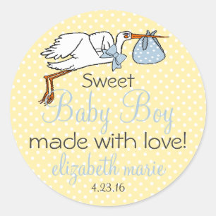 Cute Stork Yellow and Blue Baby Shower Guest Favor Classic Round Sticker