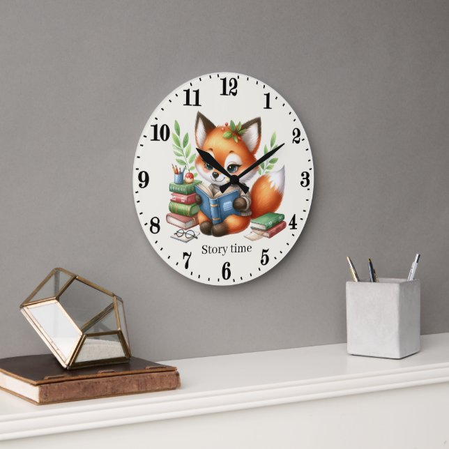 Cute story time add text fox reading lovers large clock (Office)