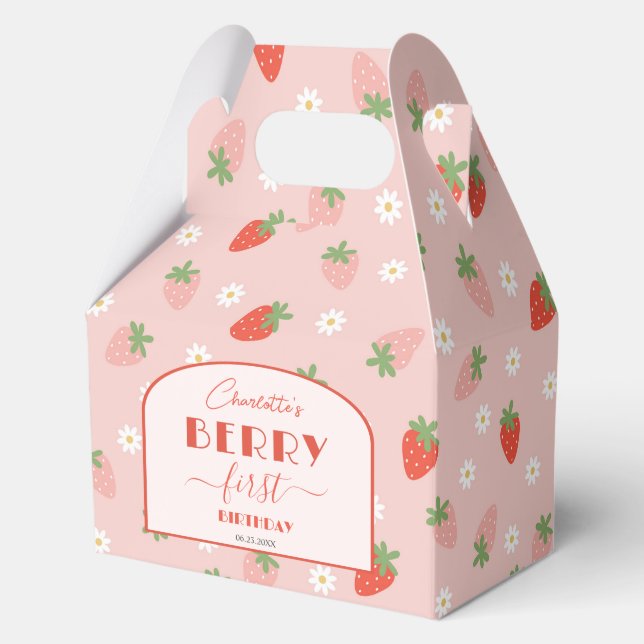 Cute Strawberries Berry First 1st Birthday Gable Favor Boxes (Front)