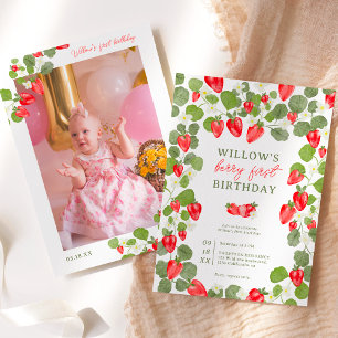 Cute strawberries floral red berry 1st birthday invitation