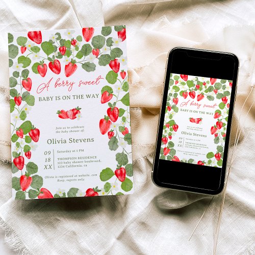 Cute strawberries floral red berry baby shower invitation