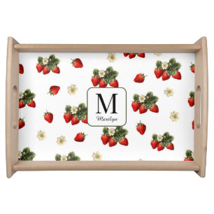 Cute strawberries fruit pattern custom monogram serving tray