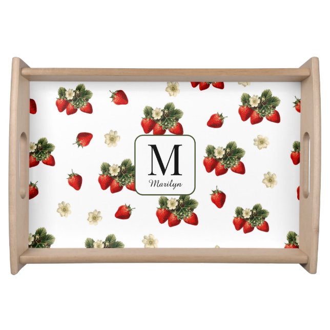 Cute strawberries fruit pattern custom monogram serving tray (Front)