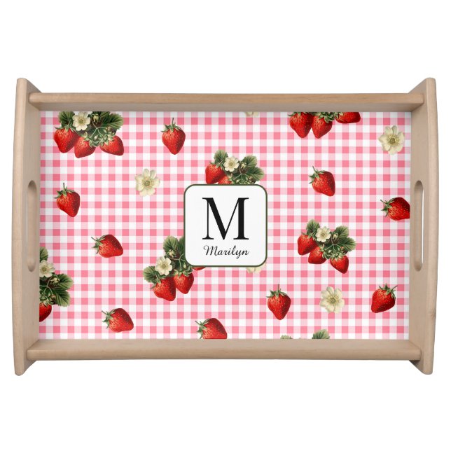 Cute strawberries fruit pattern custom monogram serving tray (Front)