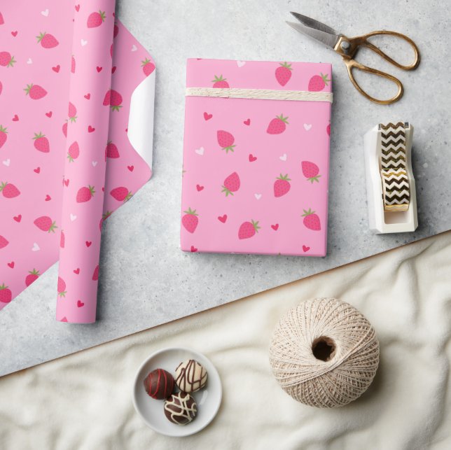 Cute Strawberries Hearts Love Berries Valentines Wrapping Paper (Crafts)