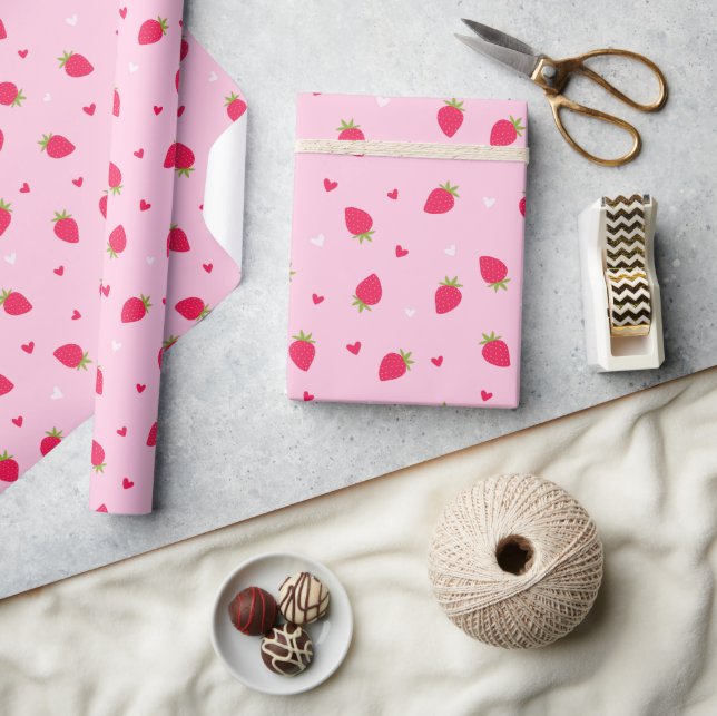 Cute Strawberries Hearts Love Berries Valentines Wrapping Paper (Crafts)