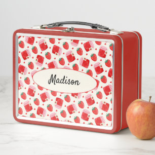 Cute Strawberries Jam & Hearts Pattern Girl's Red Metal Lunch Box