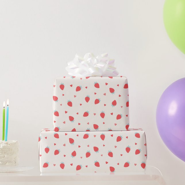 Cute Strawberries Love Berry Hearts Valentines Wrapping Paper (Party Gifts)