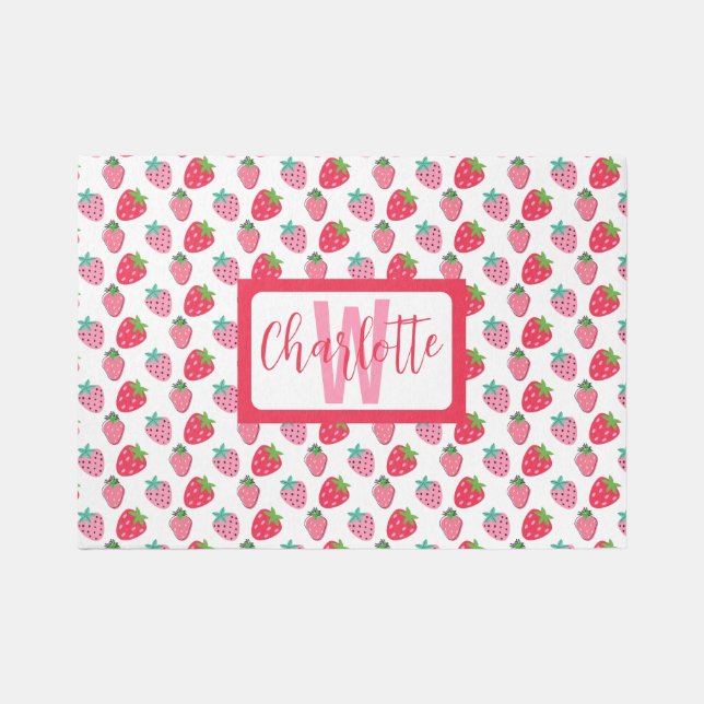 Cute Strawberries Pattern Girl's Monogram | Name Rug (Front)