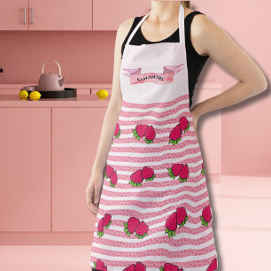 Cute Strawberries & Pink Lines Design Custom Name Apron