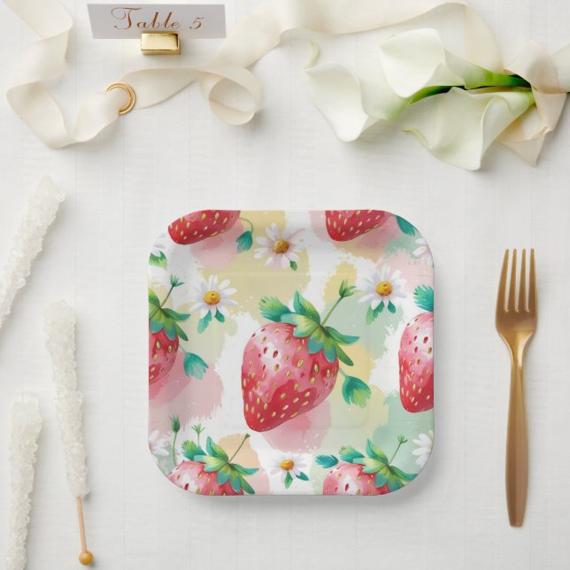 Cute strawberries rainbow birthday party paper plates (Wedding)