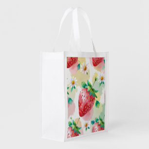 Cute strawberries rainbow Daisy birthday party Grocery Bag