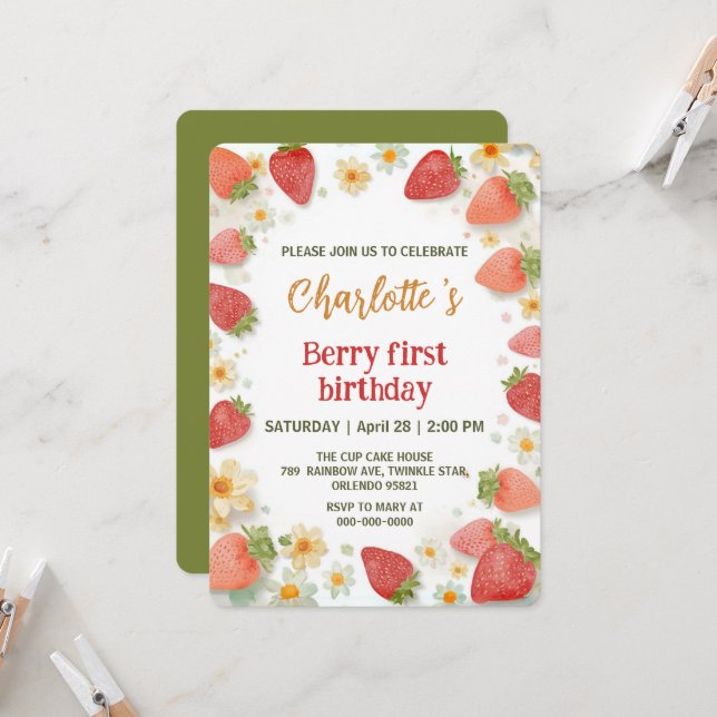 Cute strawberries rainbow pattern 1st birthday invitation (Front/Back In Situ)
