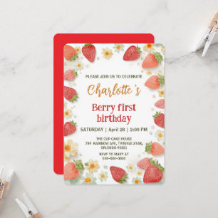 Cute strawberries rainbow pattern 1st birthday invitation