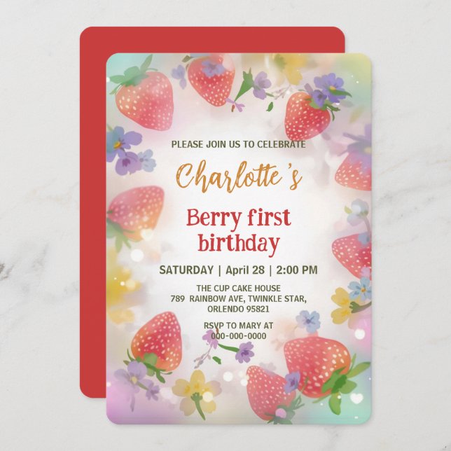 Cute strawberries rainbow pattern 1st birthday invitation (Front/Back)