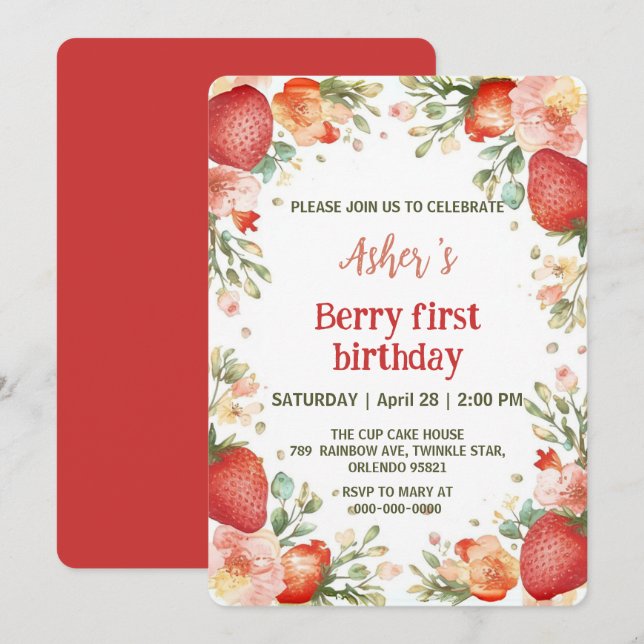 Cute strawberries rainbow pattern 1st birthday invitation (Front/Back)