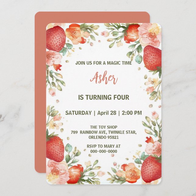 Cute strawberries rainbow pattern birthday party invitation (Front/Back)