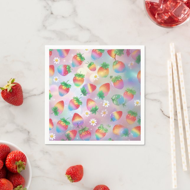 Cute strawberries rainbow pattern birthday party napkins (Insitu)