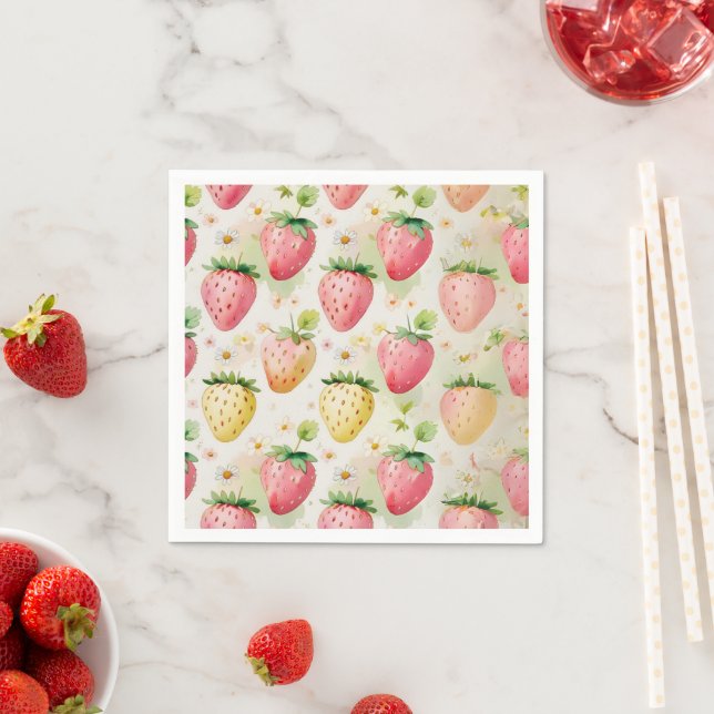 Cute strawberries rainbow pattern birthday party napkins (Insitu)