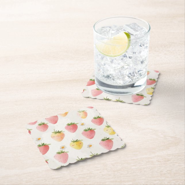 Cute strawberries rainbow pattern birthday party paper coaster (Insitu)