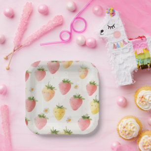 Cute strawberries rainbow pattern birthday party paper plates