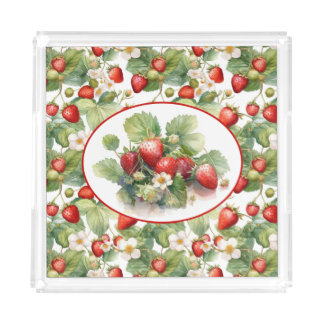 Cute Strawberries Watercolor Acrylic Tray