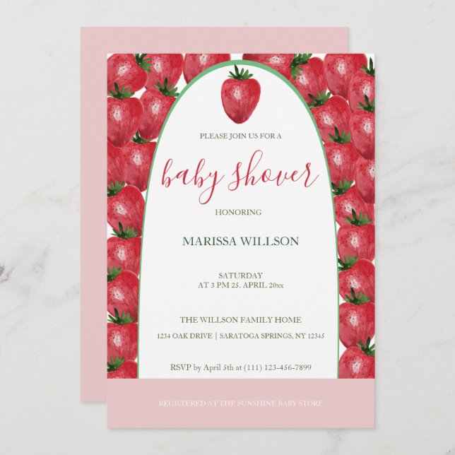 Cute Strawberries Watercolor Hand-painted Invitation (Front/Back)