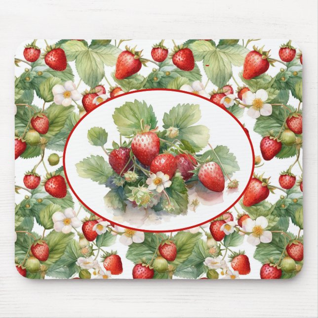 Cute Strawberries Watercolor Mouse Pad (Front)