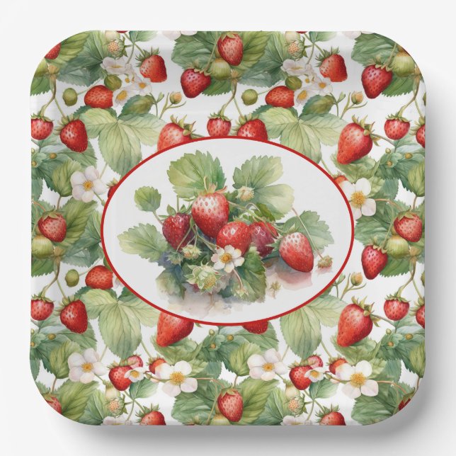 Cute Strawberries Watercolor Paper Plates (Front)