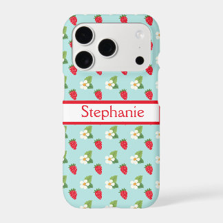 Cute Strawberries & White Flowers Monogrammed iPhone 17 Pro Case