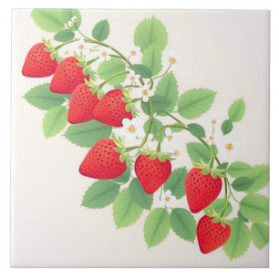 Cute Strawberries With Green Leaves And  Flowers Ceramic Tile
